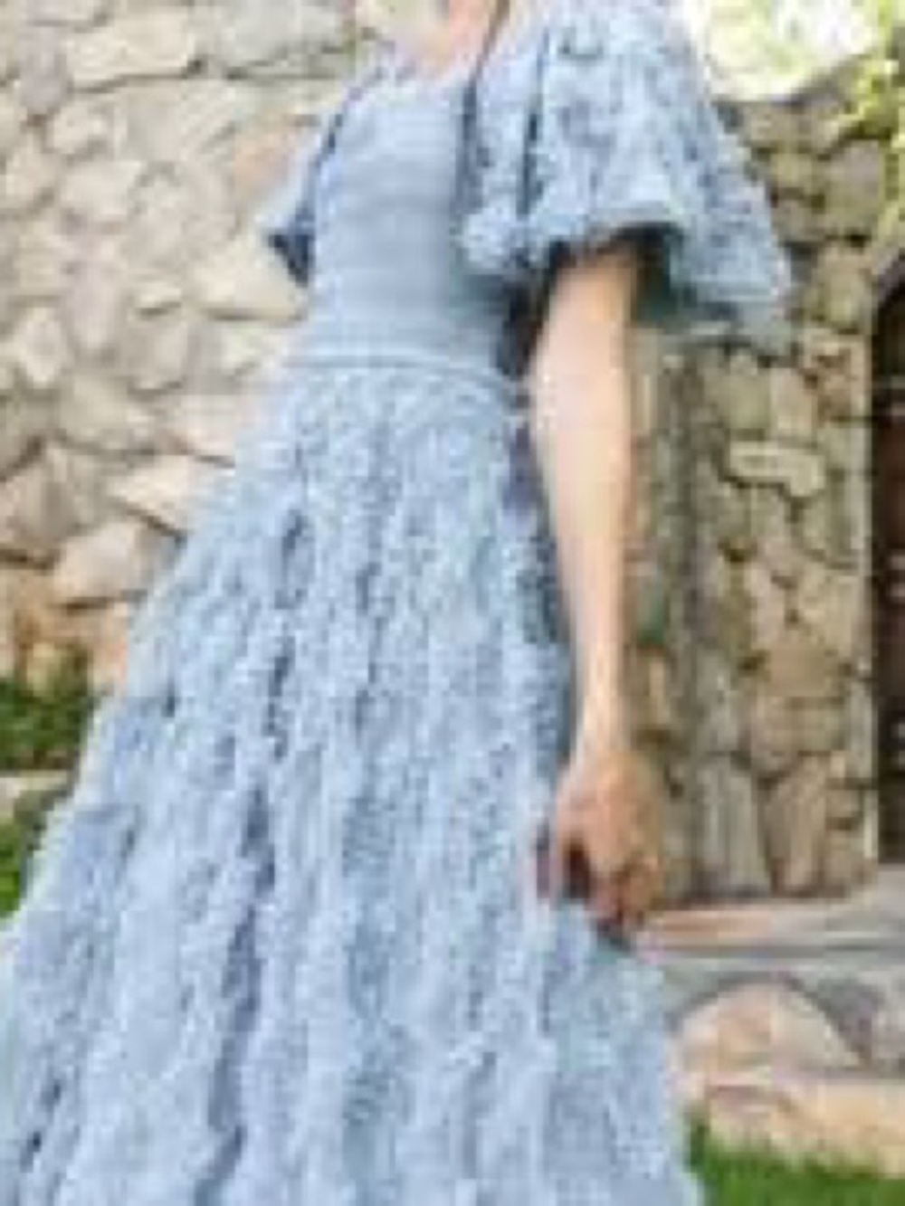 Ivy City Co. Whimsical Dress in Slate Blue – XS Ruffled Tulle Smocked Midi